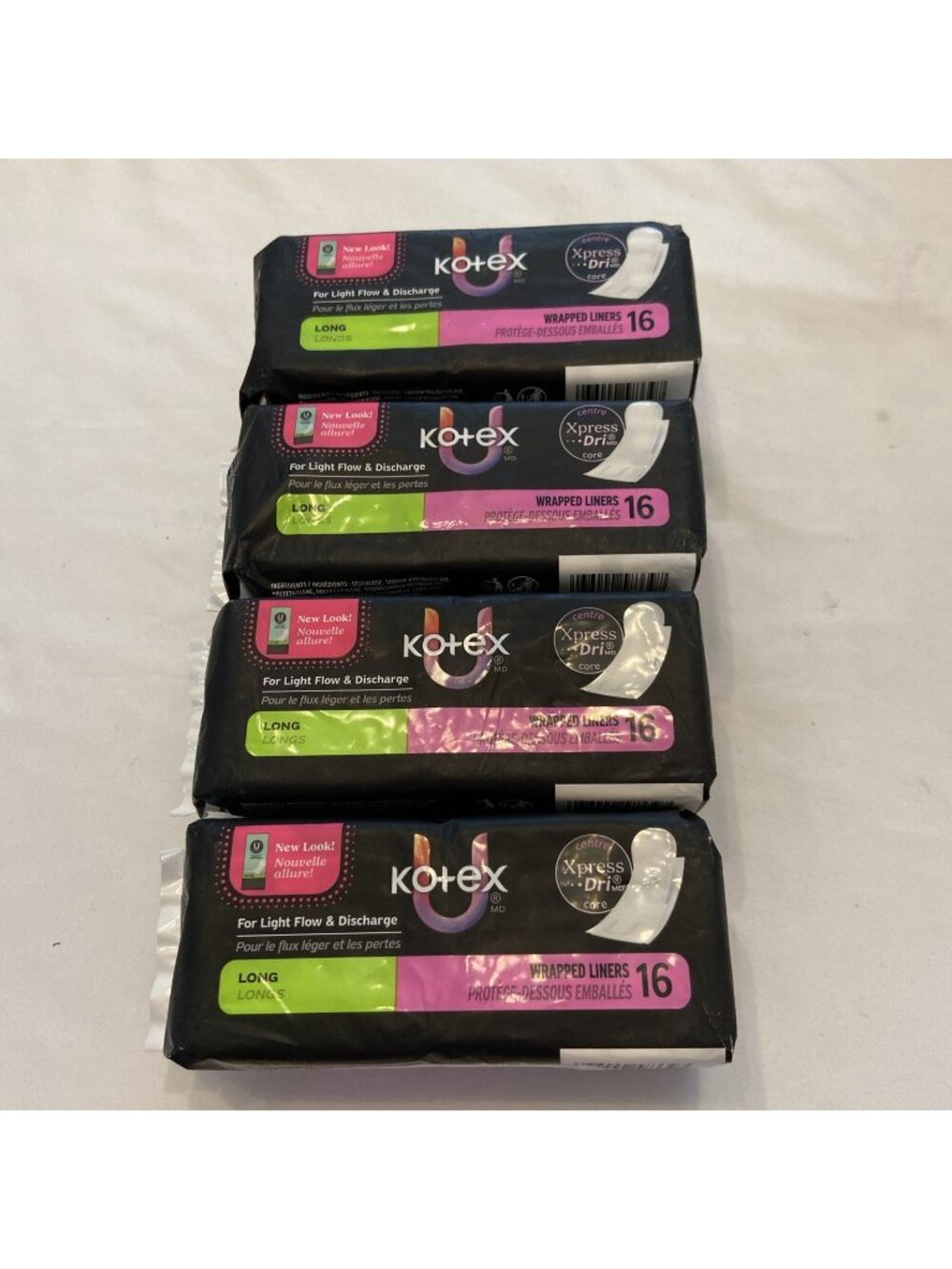 U by Kotex Express Dri For Light flow Wrapped Liners Long 16 Count - Lot of 4